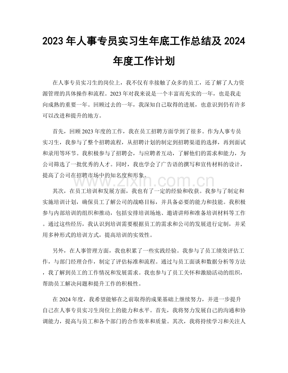 2023年人事专员实习生年底工作总结及2024年度工作计划.docx_第1页