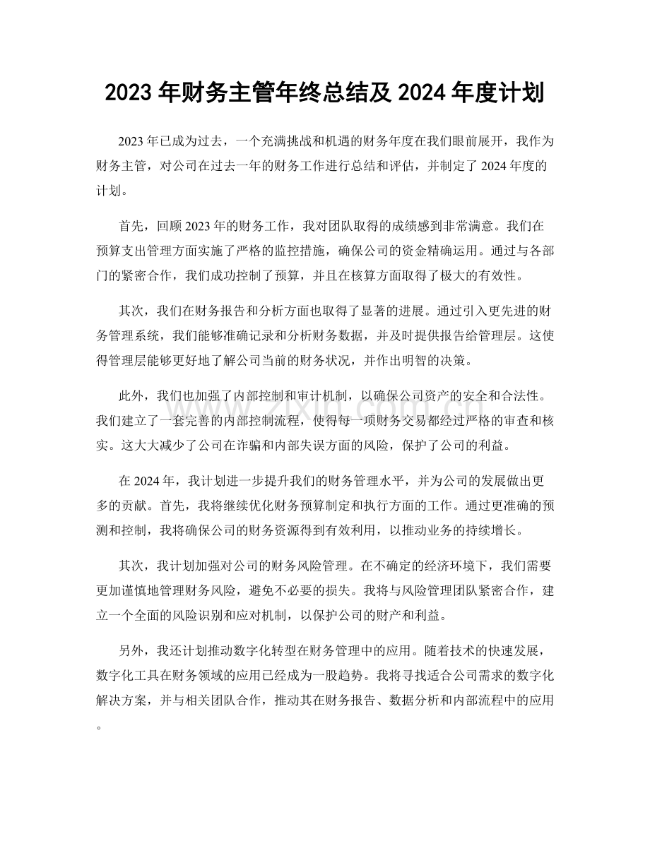 2023年财务主管年终总结及2024年度计划.docx_第1页