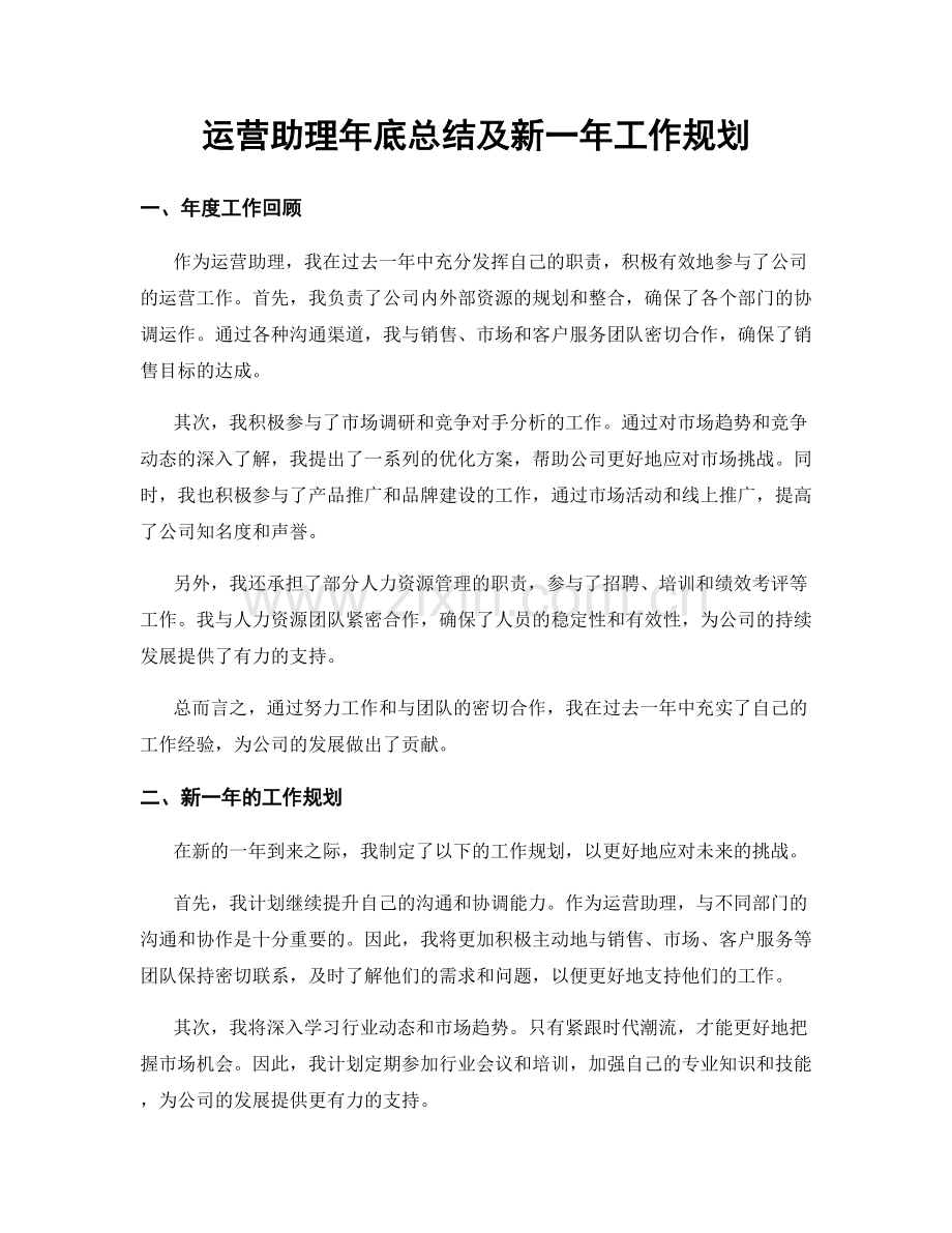 运营助理年底总结及新一年工作规划.docx_第1页