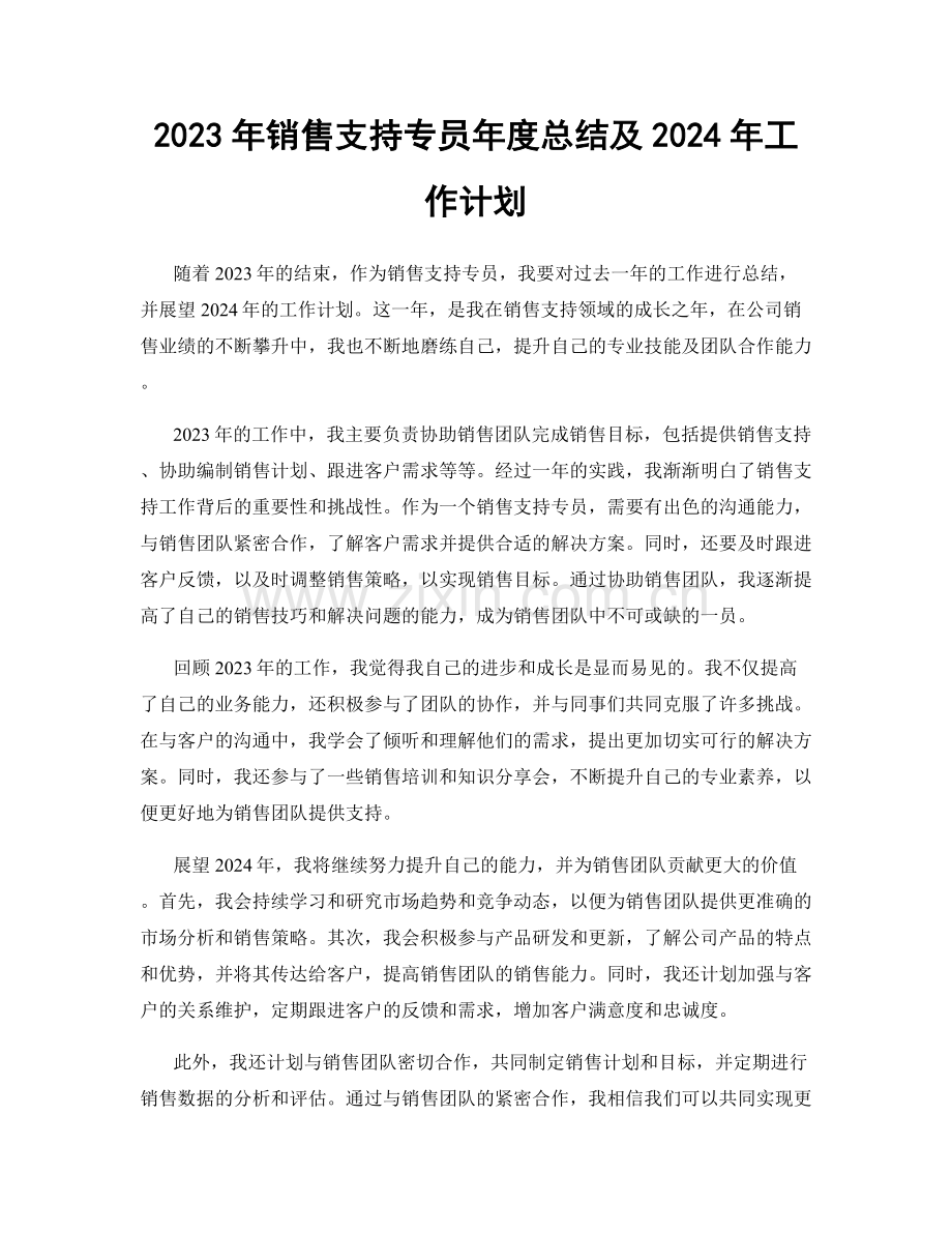 2023年销售支持专员年度总结及2024年工作计划.docx_第1页