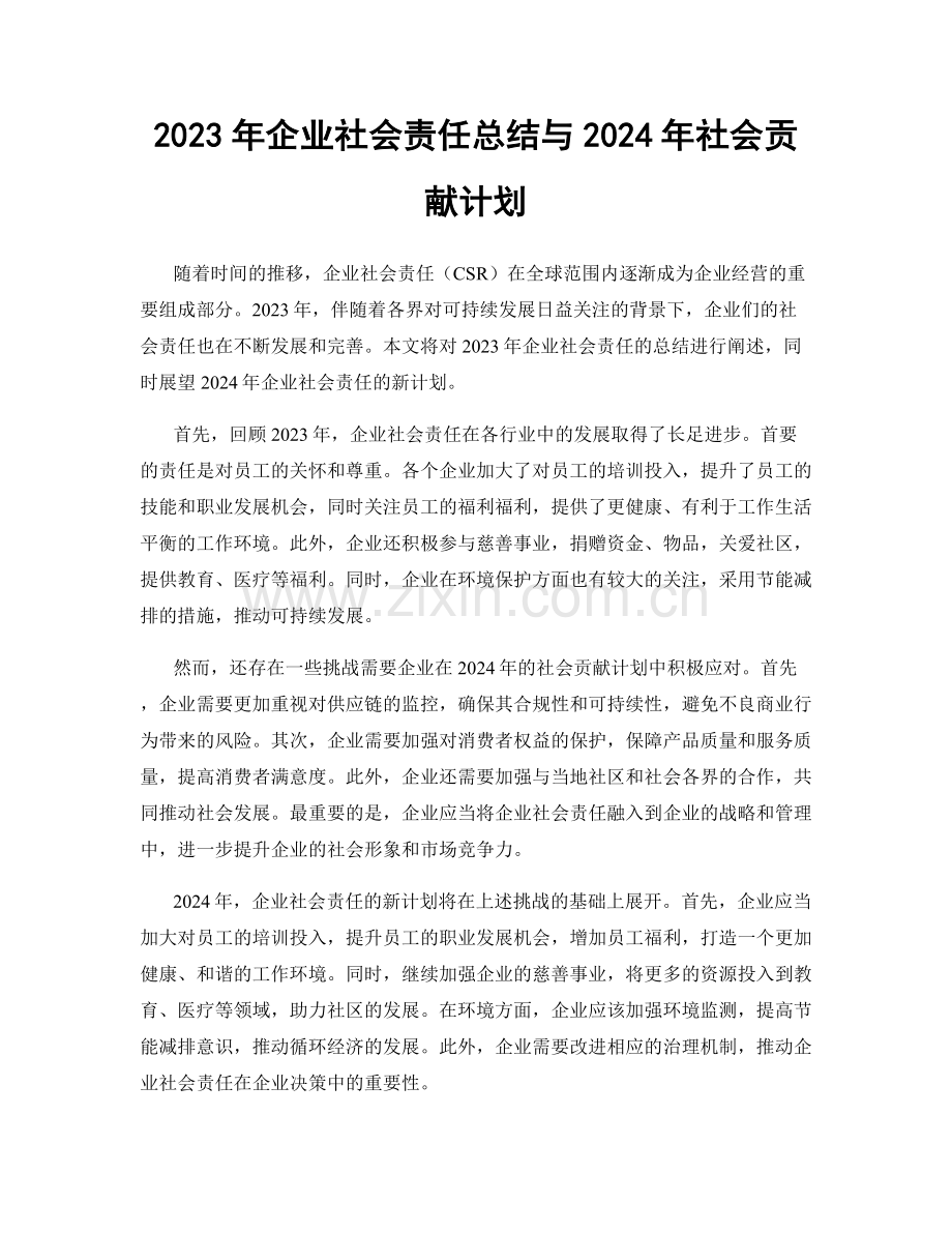 2023年企业社会责任总结与2024年社会贡献计划.docx_第1页