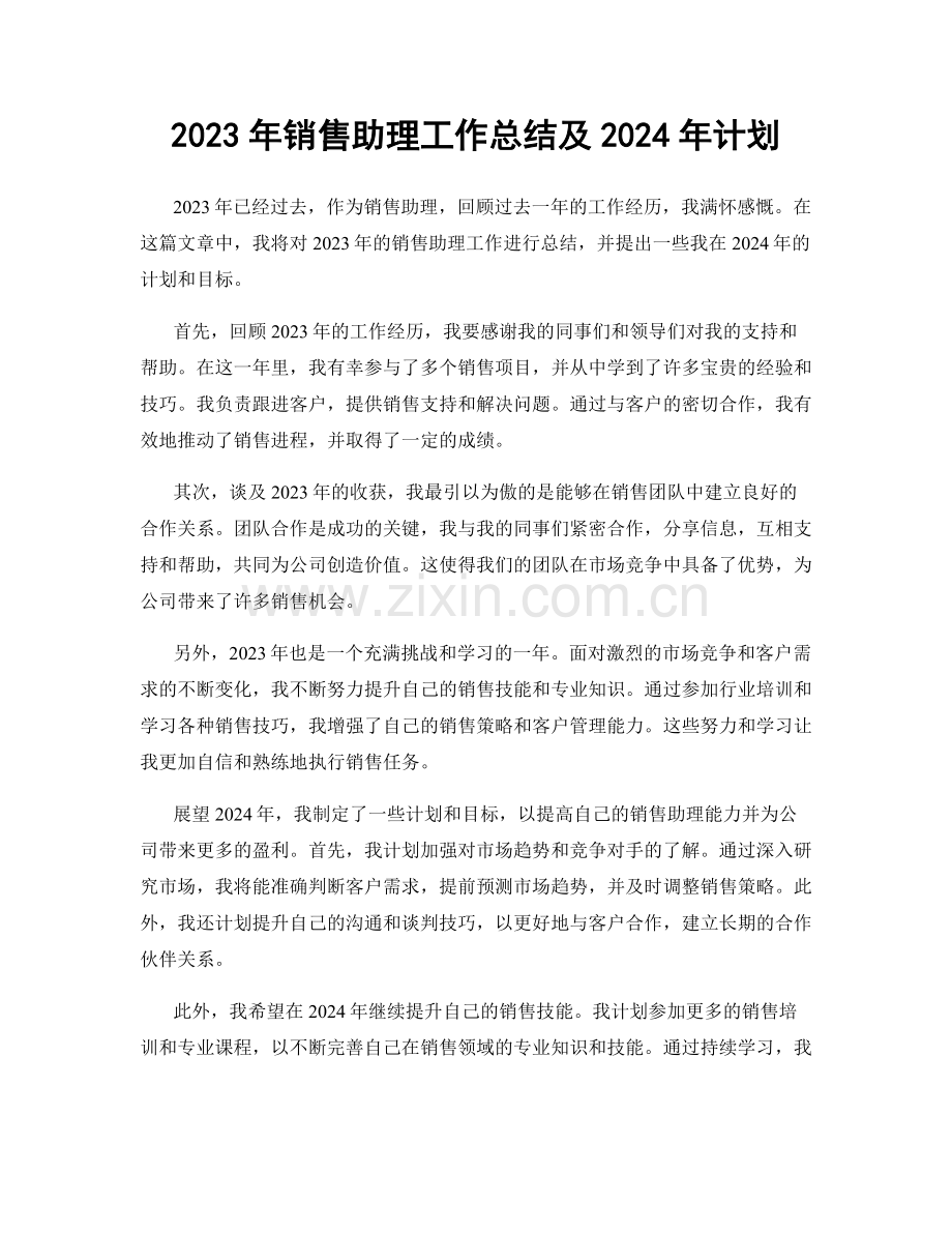 2023年销售助理工作总结及2024年计划.docx_第1页