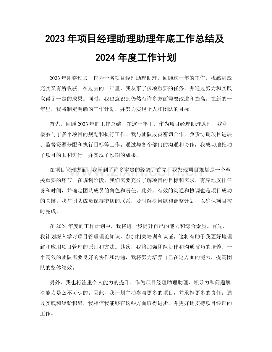 2023年项目经理助理助理年底工作总结及2024年度工作计划.docx_第1页