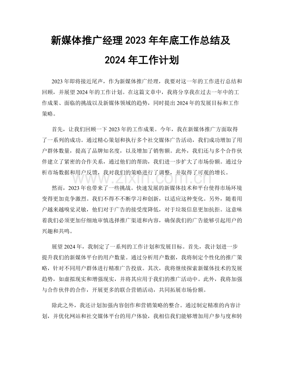 新媒体推广经理2023年年底工作总结及2024年工作计划.docx_第1页