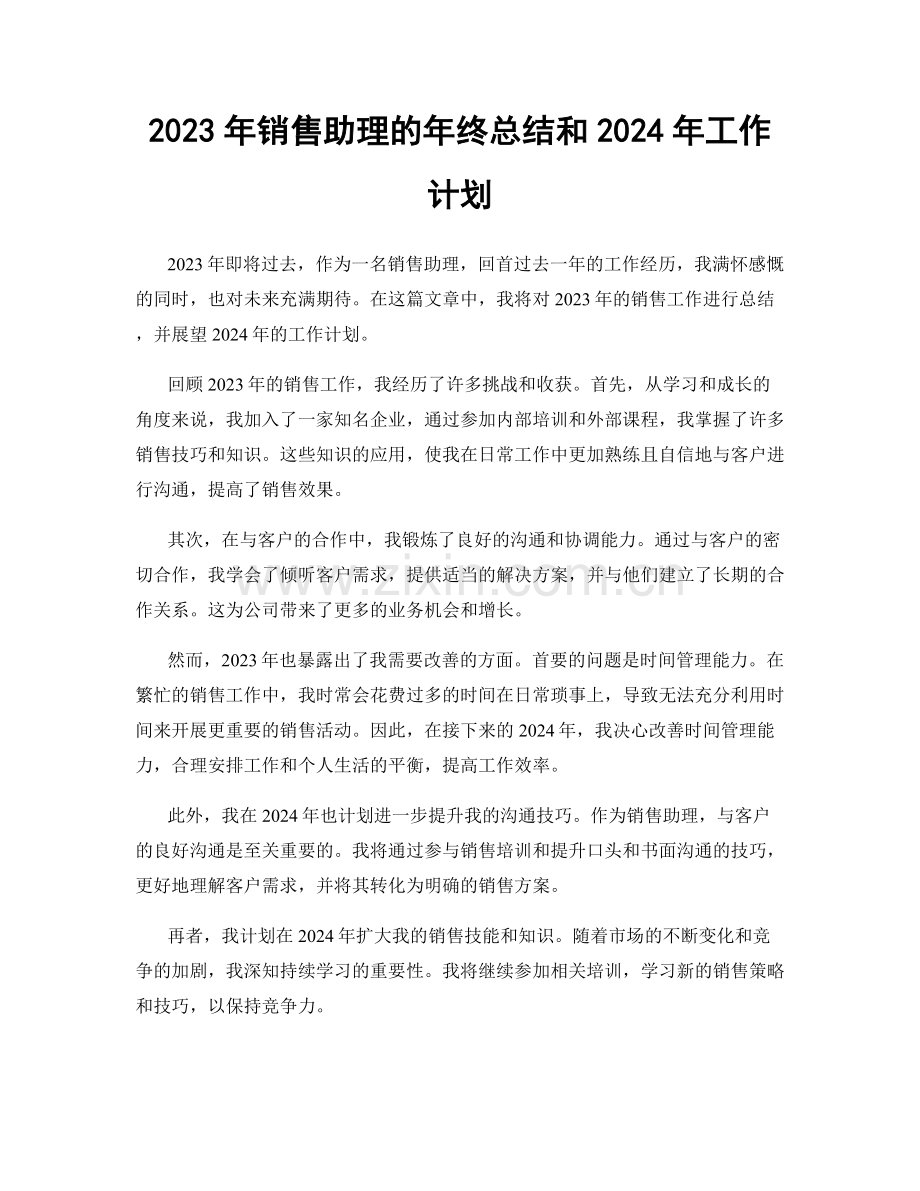 2023年销售助理的年终总结和2024年工作计划.docx_第1页