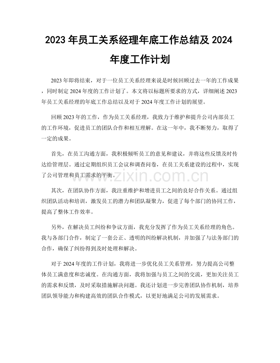 2023年员工关系经理年底工作总结及2024年度工作计划.docx_第1页