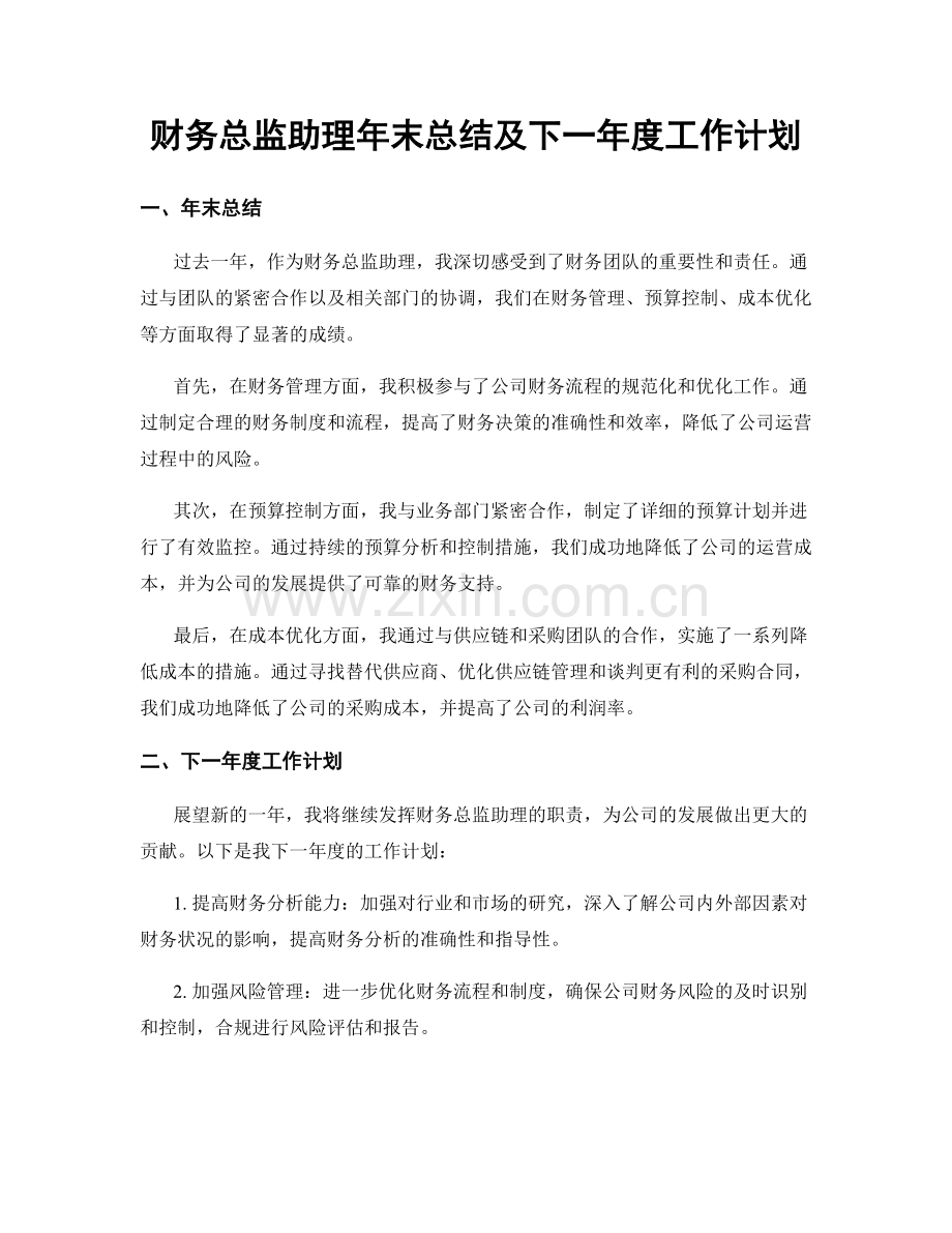 财务总监助理年末总结及下一年度工作计划.docx_第1页