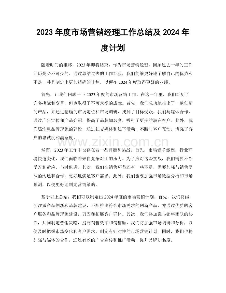 2023年度市场营销经理工作总结及2024年度计划.docx_第1页