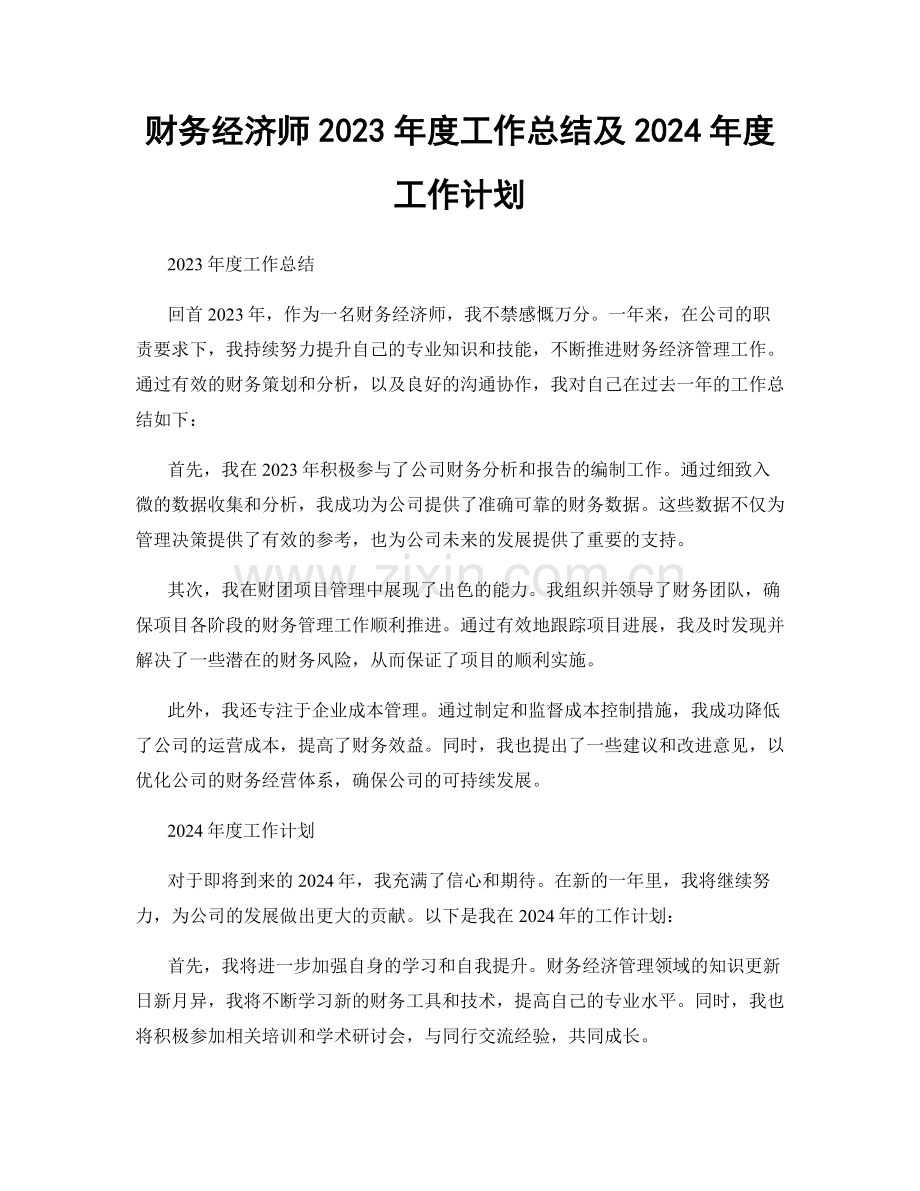 财务经济师2023年度工作总结及2024年度工作计划.docx_第1页