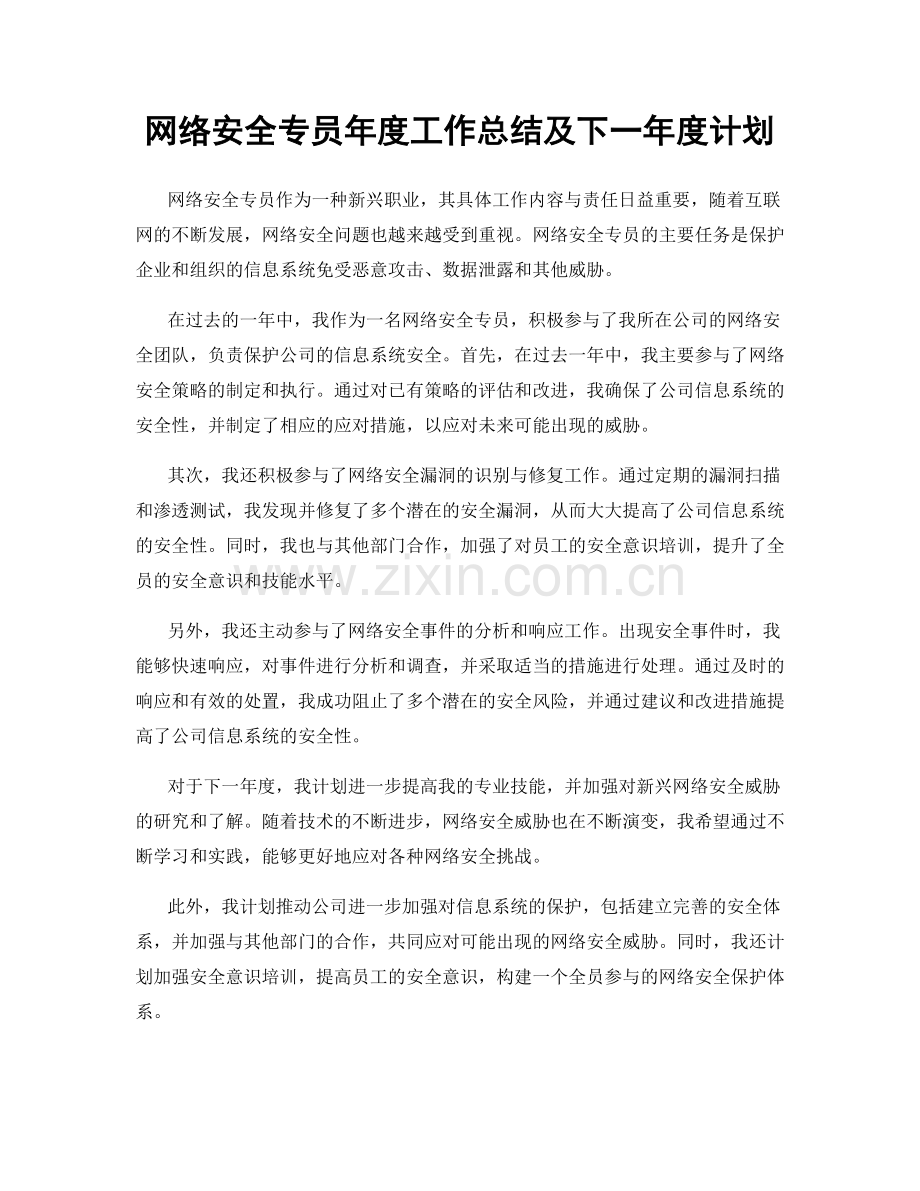 网络安全专员年度工作总结及下一年度计划.docx_第1页