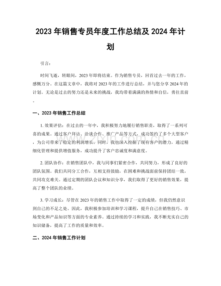 2023年销售专员年度工作总结及2024年计划.docx_第1页