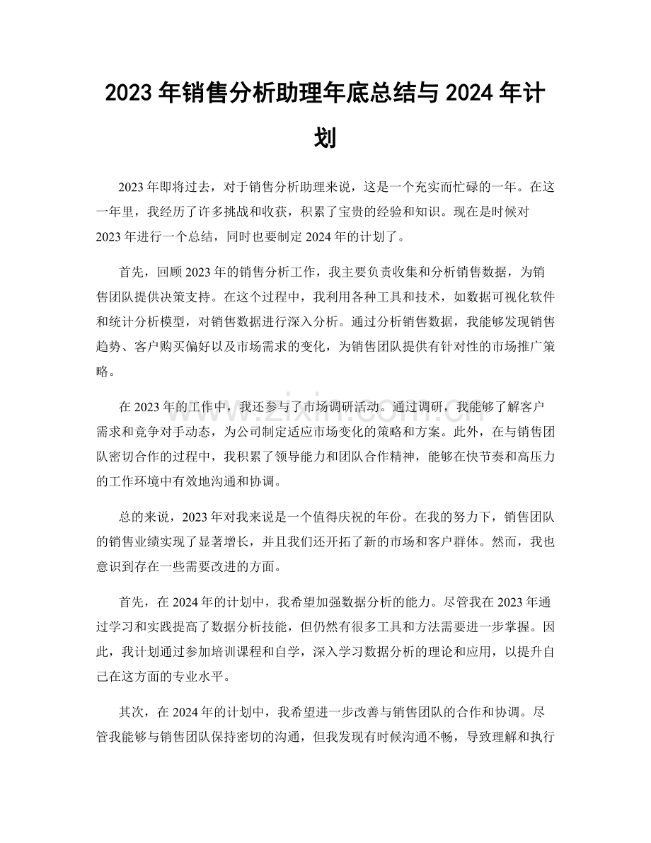 2023年销售分析助理年底总结与2024年计划.docx_第1页