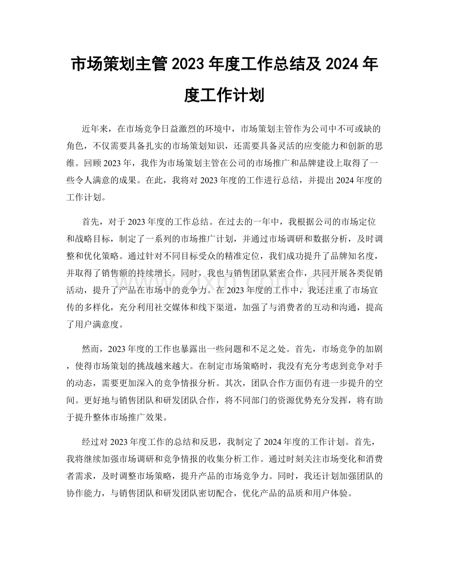 市场策划主管2023年度工作总结及2024年度工作计划.docx_第1页