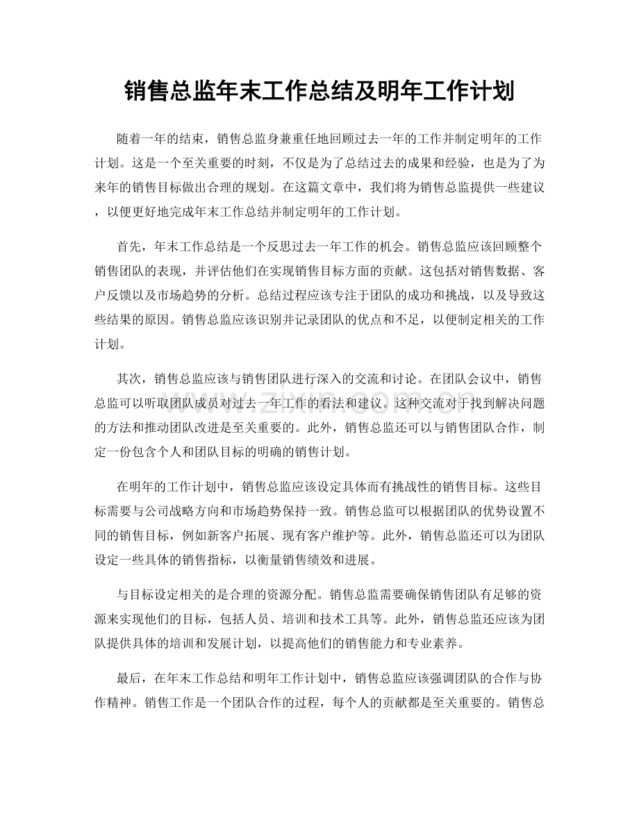 销售总监年末工作总结及明年工作计划.docx_第1页