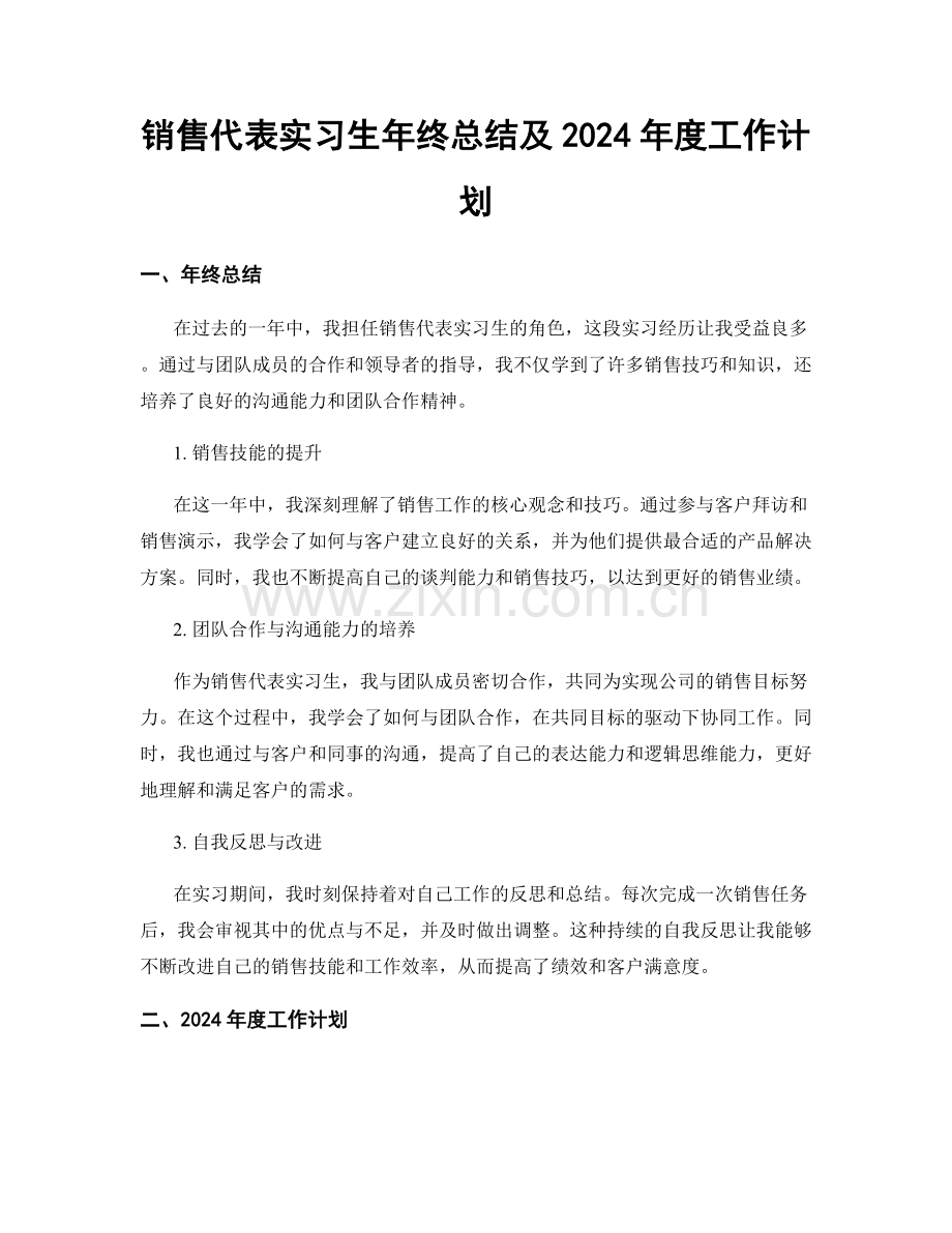 销售代表实习生年终总结及2024年度工作计划.docx_第1页