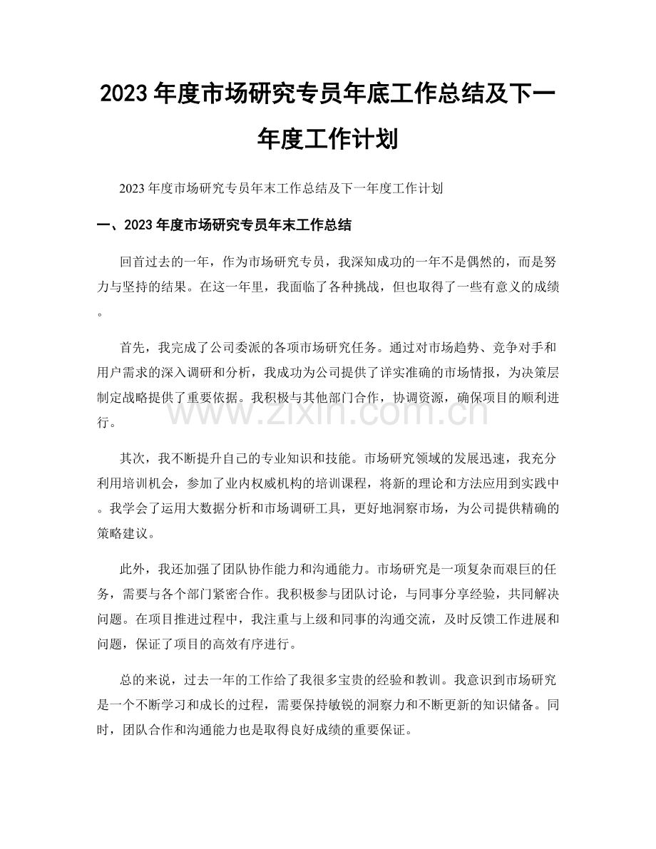 2023年度市场研究专员年底工作总结及下一年度工作计划.docx_第1页