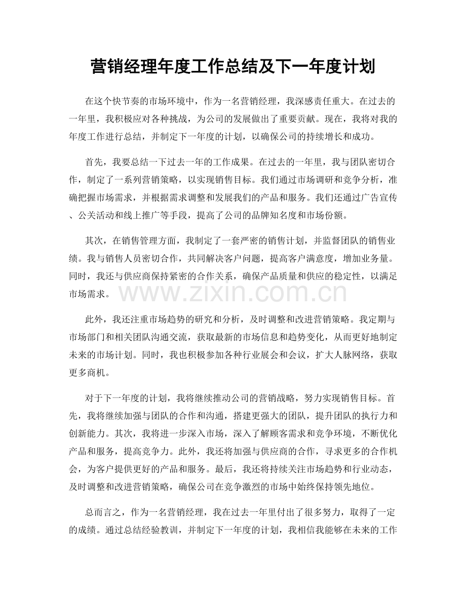 营销经理年度工作总结及下一年度计划.docx_第1页