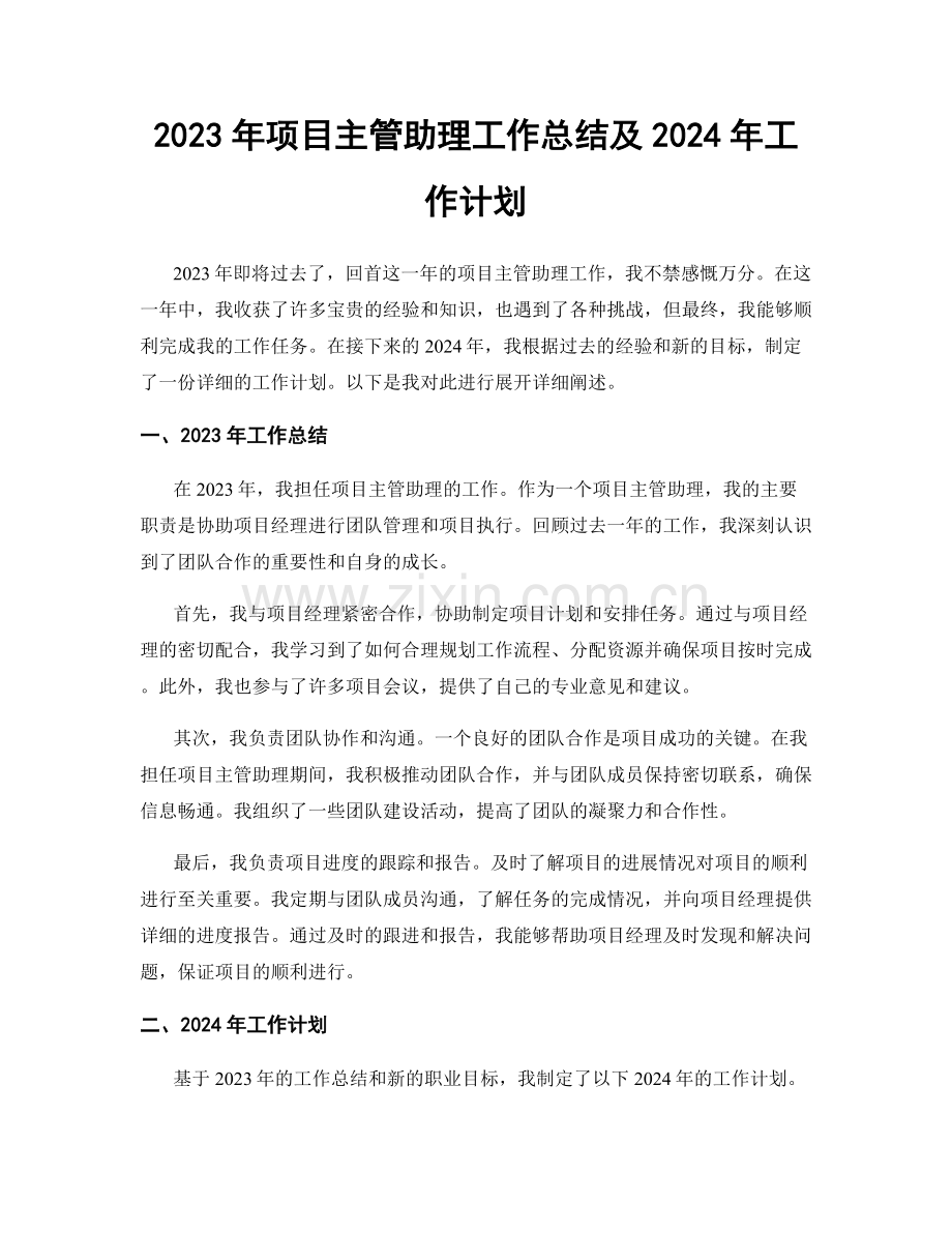 2023年项目主管助理工作总结及2024年工作计划.docx_第1页