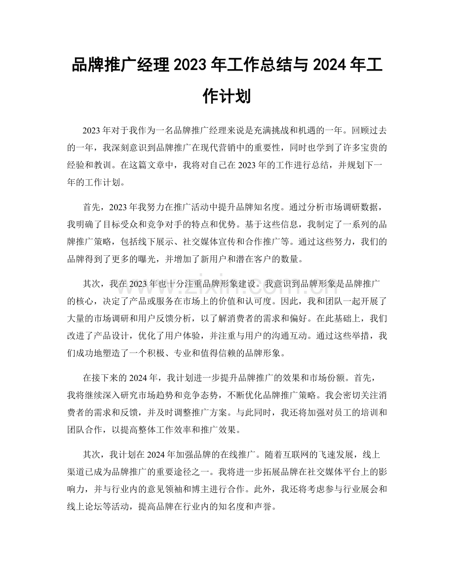 品牌推广经理2023年工作总结与2024年工作计划.docx_第1页