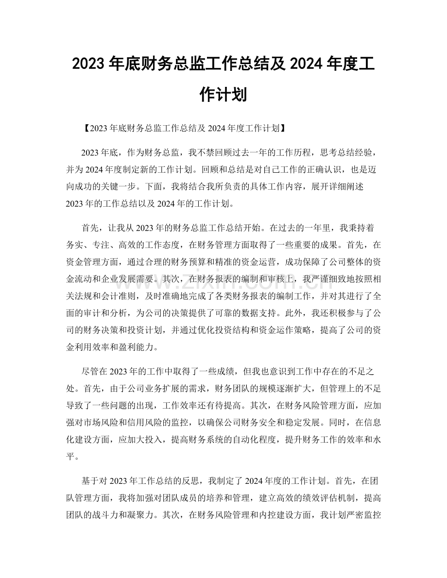 2023年底财务总监工作总结及2024年度工作计划.docx_第1页