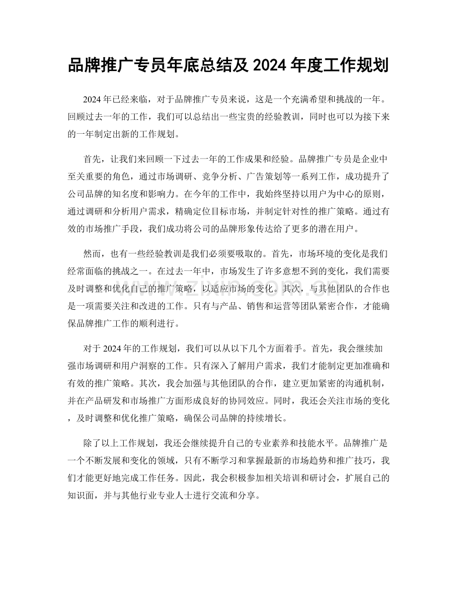 品牌推广专员年底总结及2024年度工作规划.docx_第1页