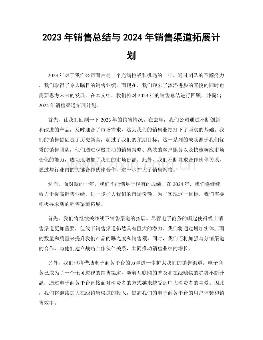 2023年销售总结与2024年销售渠道拓展计划.docx_第1页