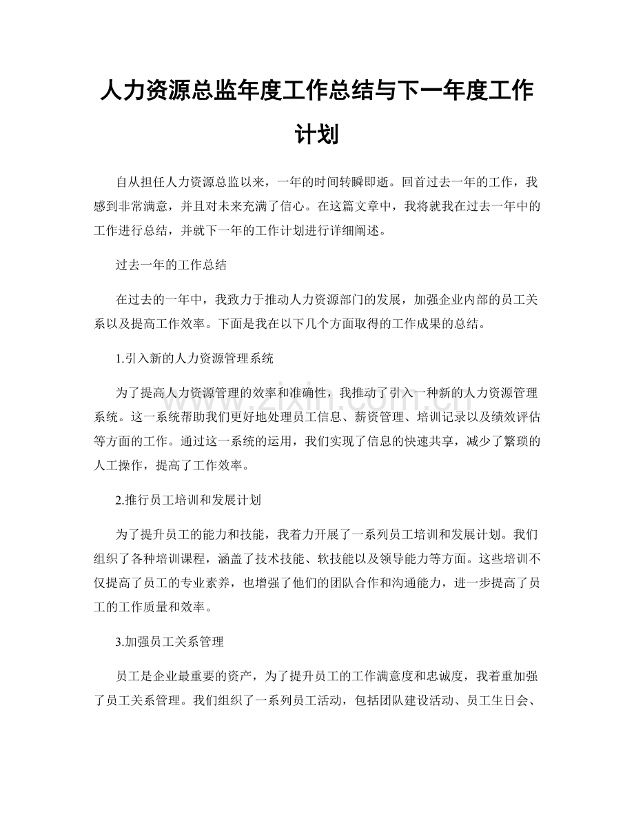 人力资源总监年度工作总结与下一年度工作计划.docx_第1页