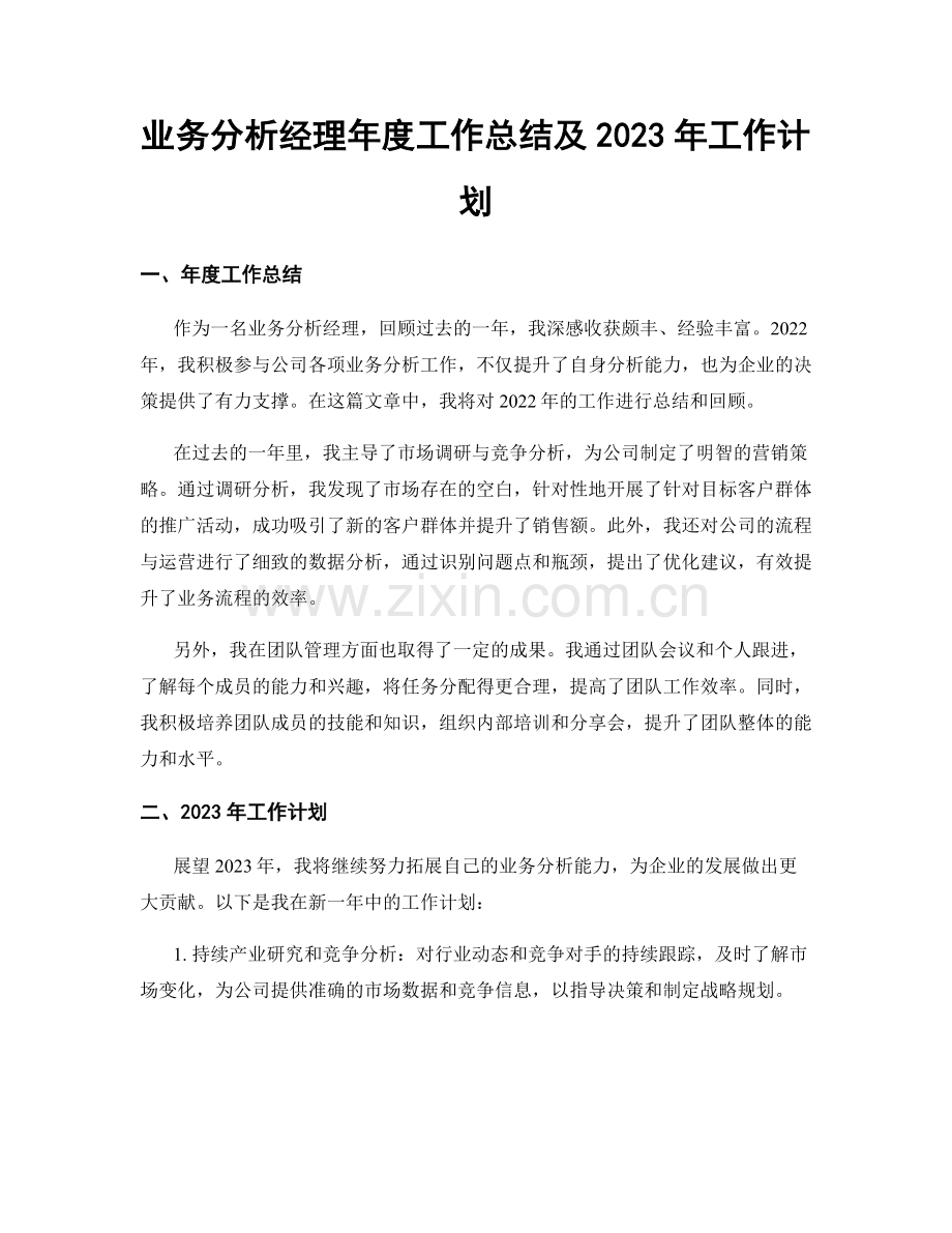 业务分析经理年度工作总结及2023年工作计划.docx_第1页