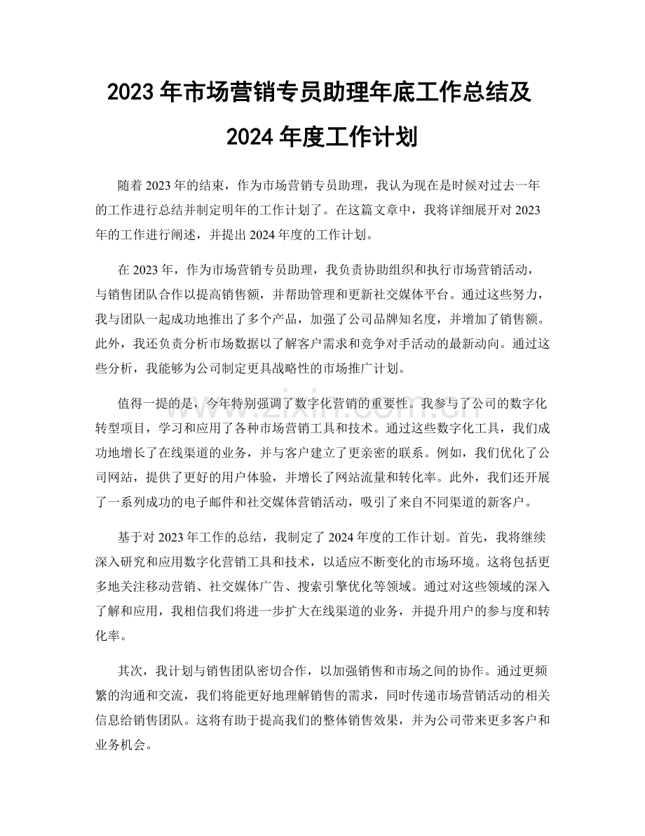 2023年市场营销专员助理年底工作总结及2024年度工作计划.docx_第1页