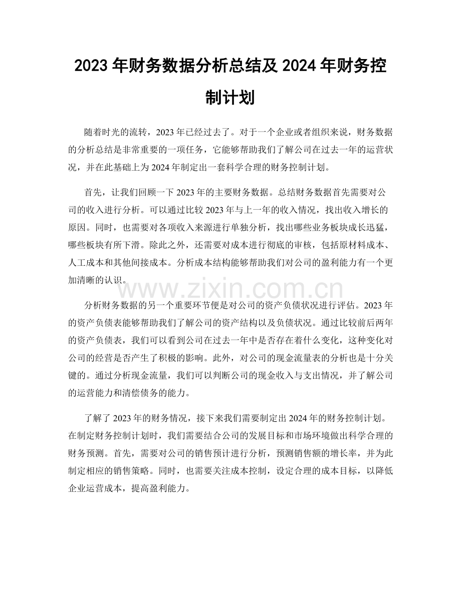 2023年财务数据分析总结及2024年财务控制计划.docx_第1页