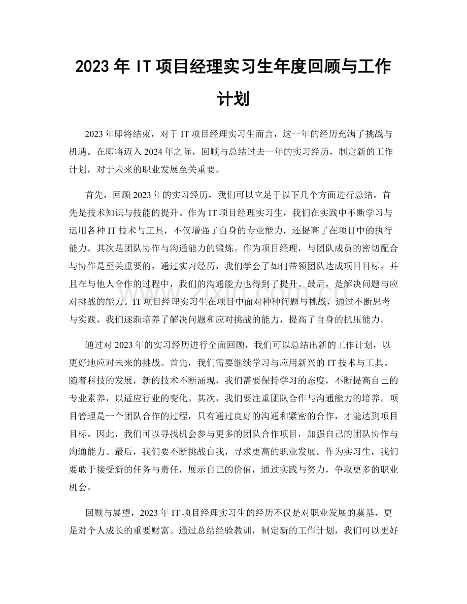 2023年IT项目经理实习生年度回顾与工作计划.docx_第1页