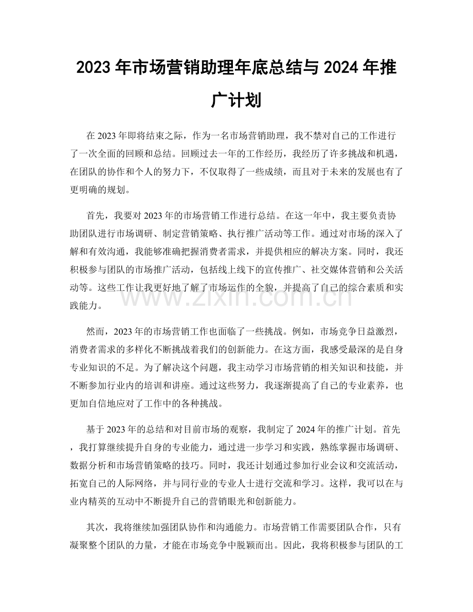 2023年市场营销助理年底总结与2024年推广计划.docx_第1页