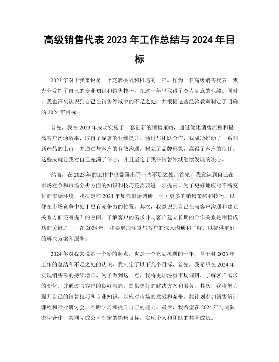 高级销售代表2023年工作总结与2024年目标.docx_第1页