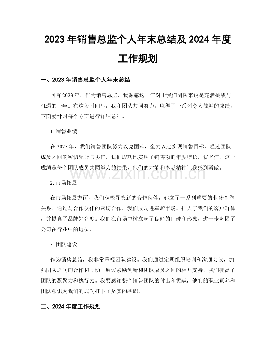 2023年销售总监个人年末总结及2024年度工作规划.docx_第1页