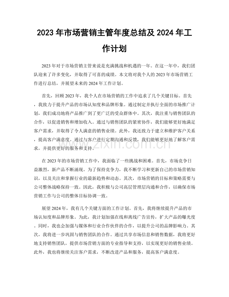 2023年市场营销主管年度总结及2024年工作计划.docx_第1页