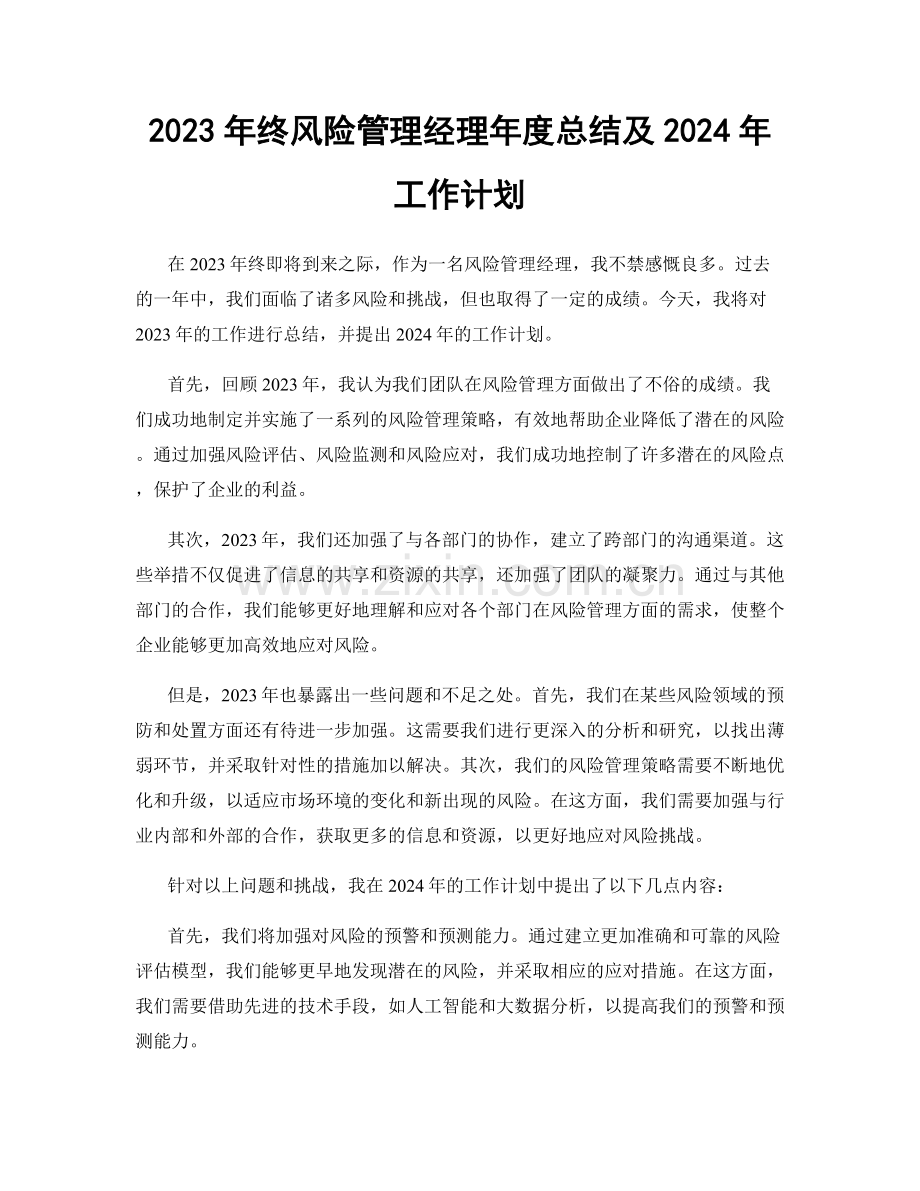 2023年终风险管理经理年度总结及2024年工作计划.docx_第1页