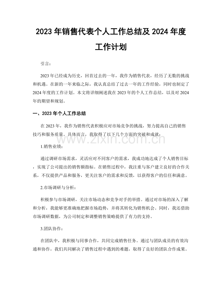 2023年销售代表个人工作总结及2024年度工作计划.docx_第1页