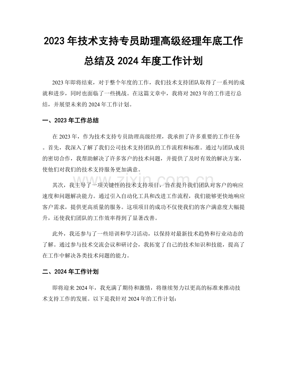 2023年技术支持专员助理高级经理年底工作总结及2024年度工作计划.docx_第1页