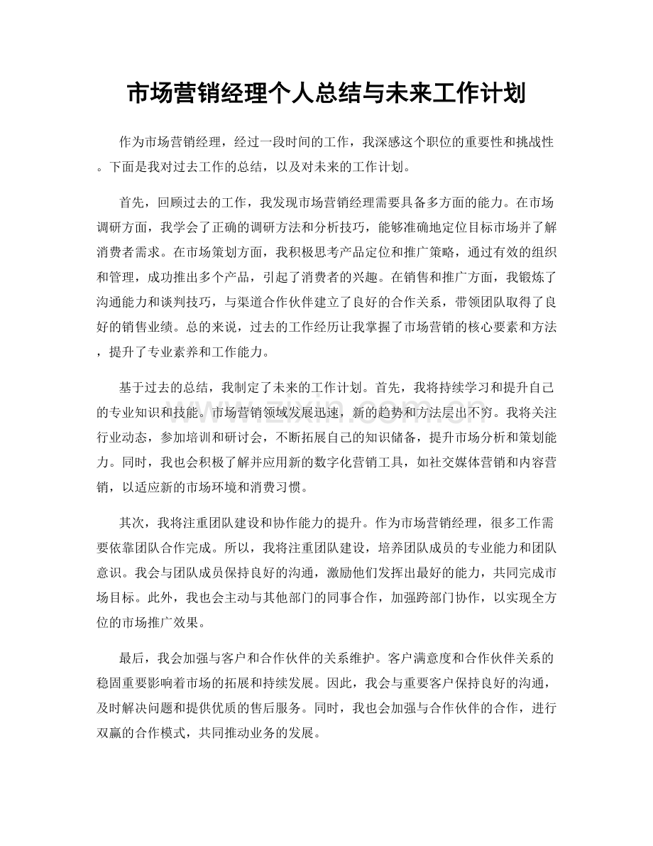 市场营销经理个人总结与未来工作计划.docx_第1页