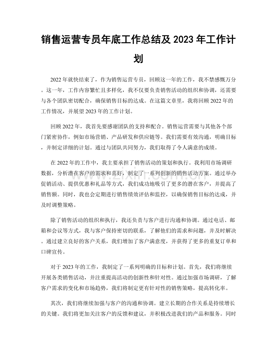 销售运营专员年底工作总结及2023年工作计划.docx_第1页