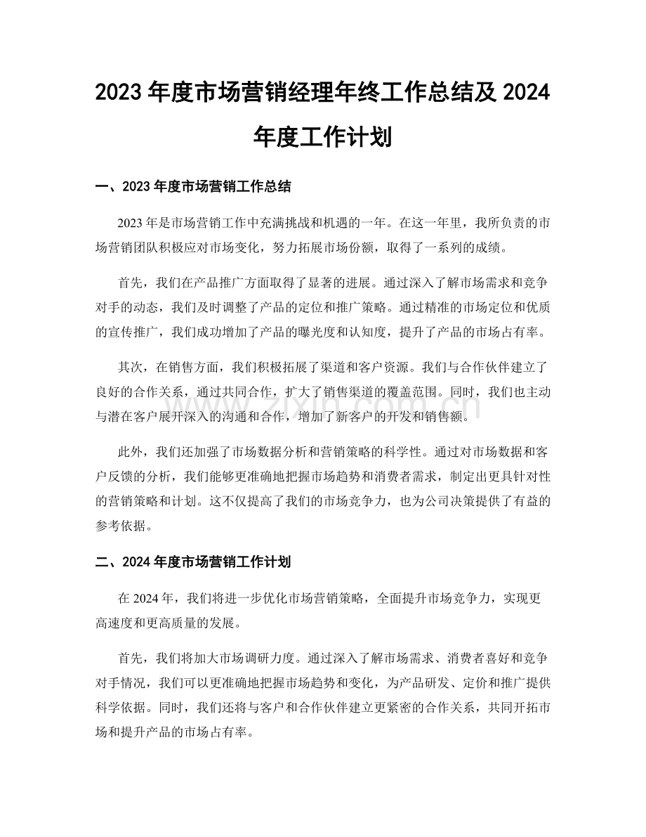 2023年度市场营销经理年终工作总结及2024年度工作计划.docx_第1页