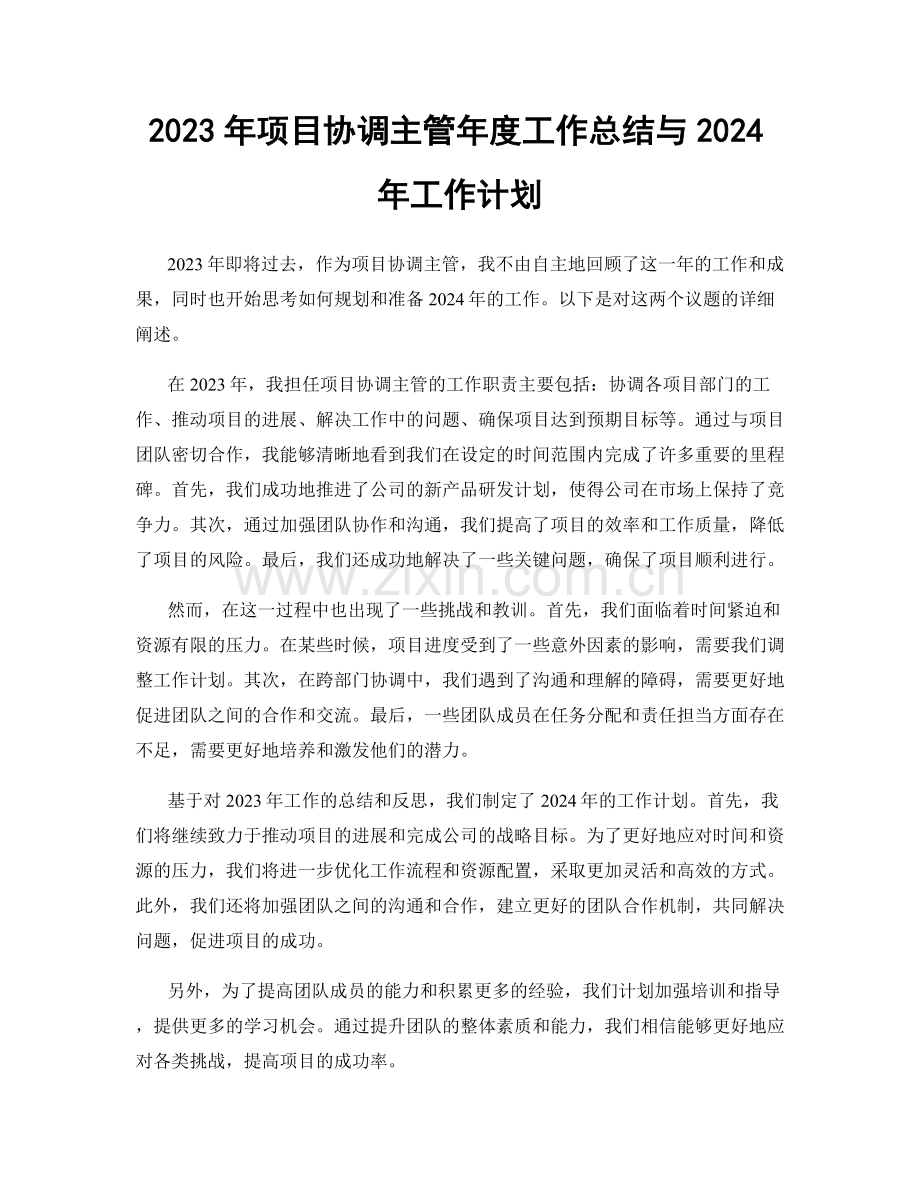 2023年项目协调主管年度工作总结与2024年工作计划.docx_第1页