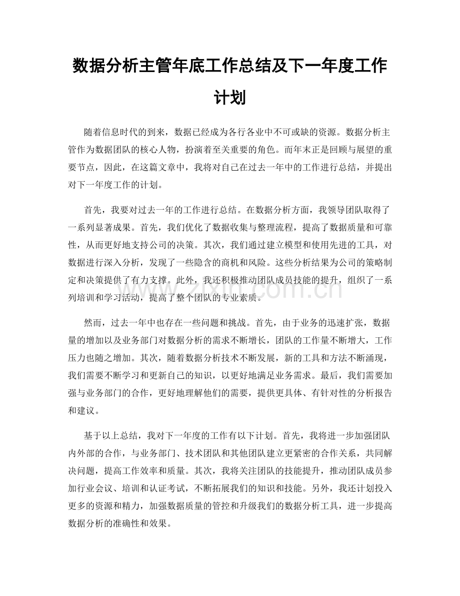 数据分析主管年底工作总结及下一年度工作计划.docx_第1页