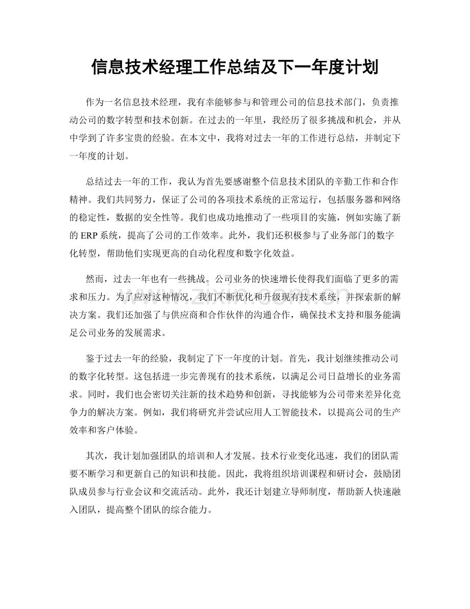 信息技术经理工作总结及下一年度计划.docx_第1页