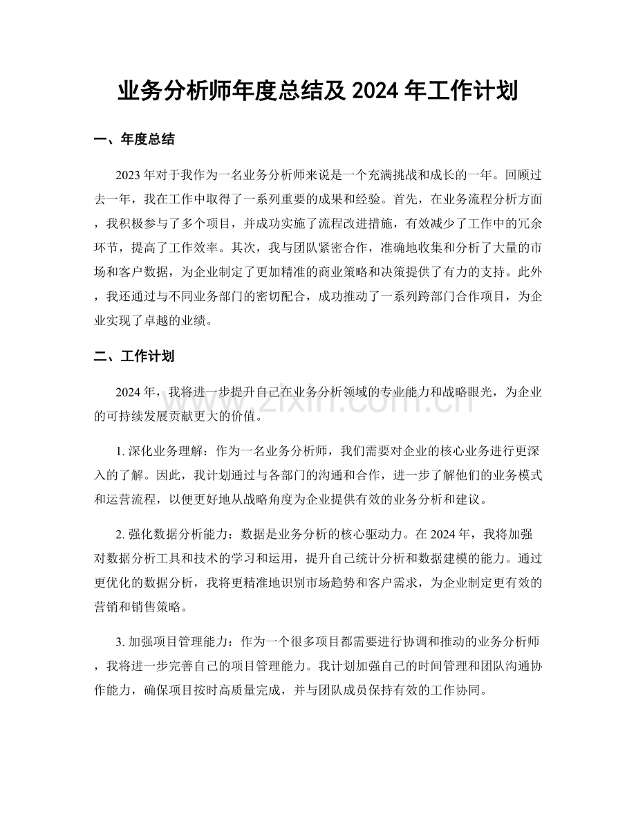 业务分析师年度总结及2024年工作计划.docx_第1页