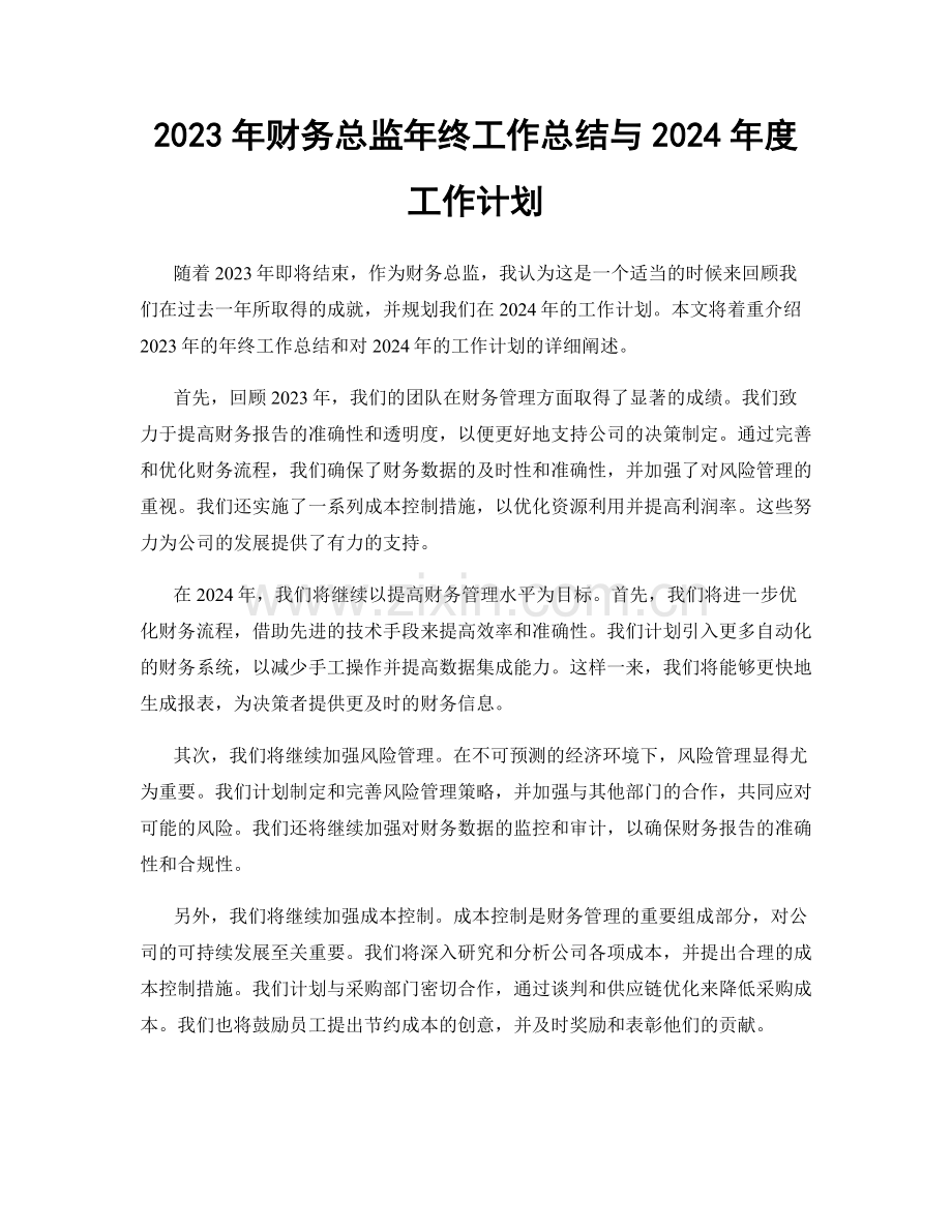 2023年财务总监年终工作总结与2024年度工作计划.docx_第1页