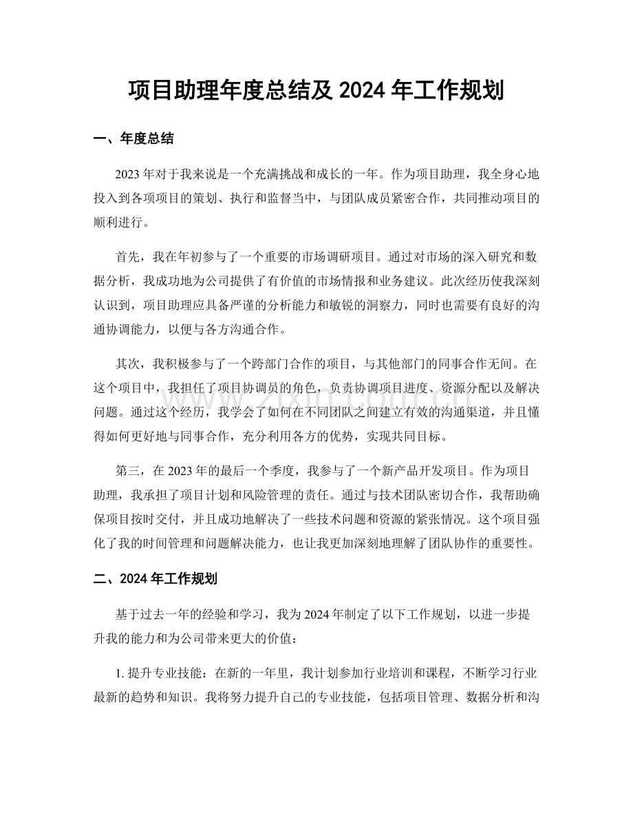 项目助理年度总结及2024年工作规划.docx_第1页