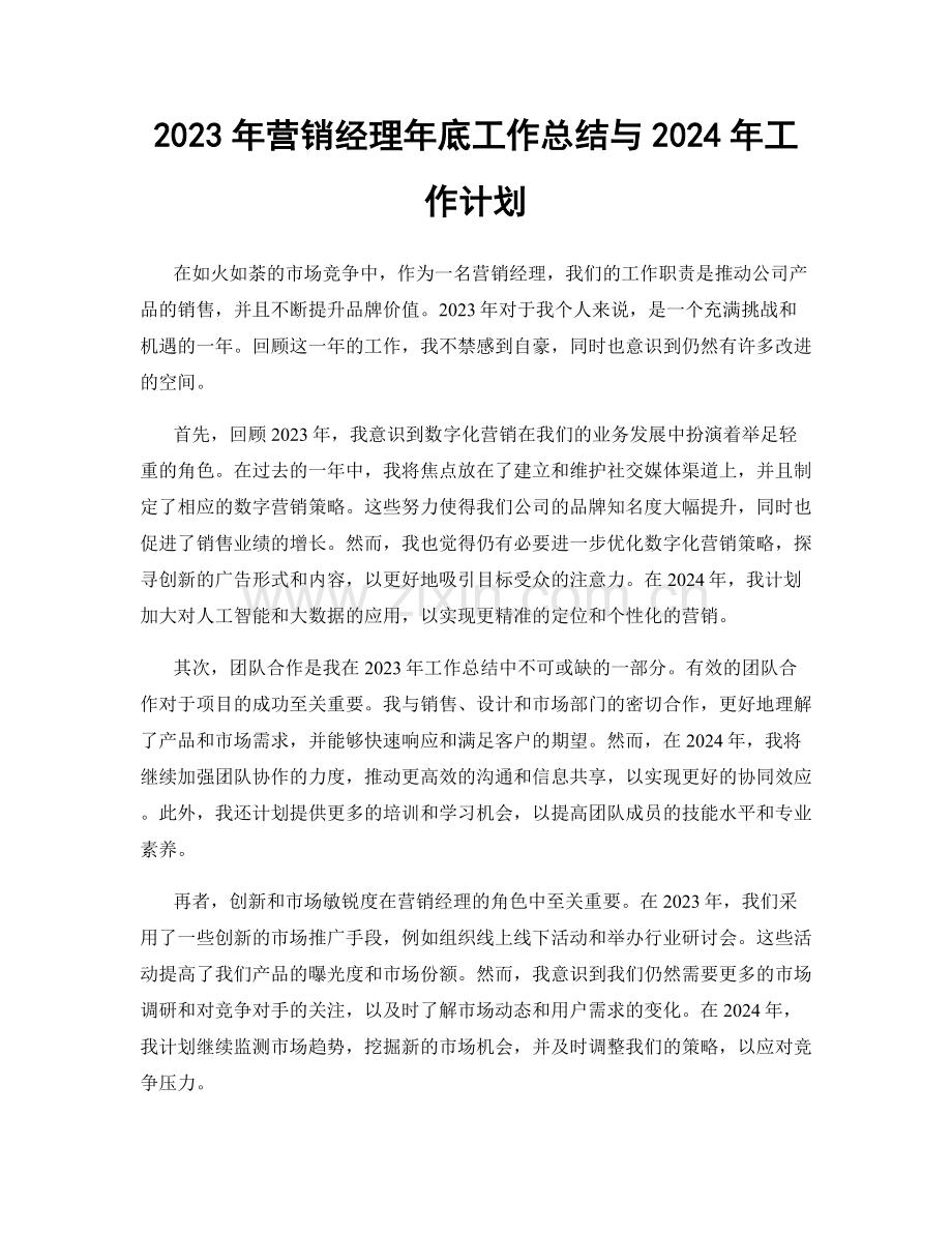 2023年营销经理年底工作总结与2024年工作计划.docx_第1页