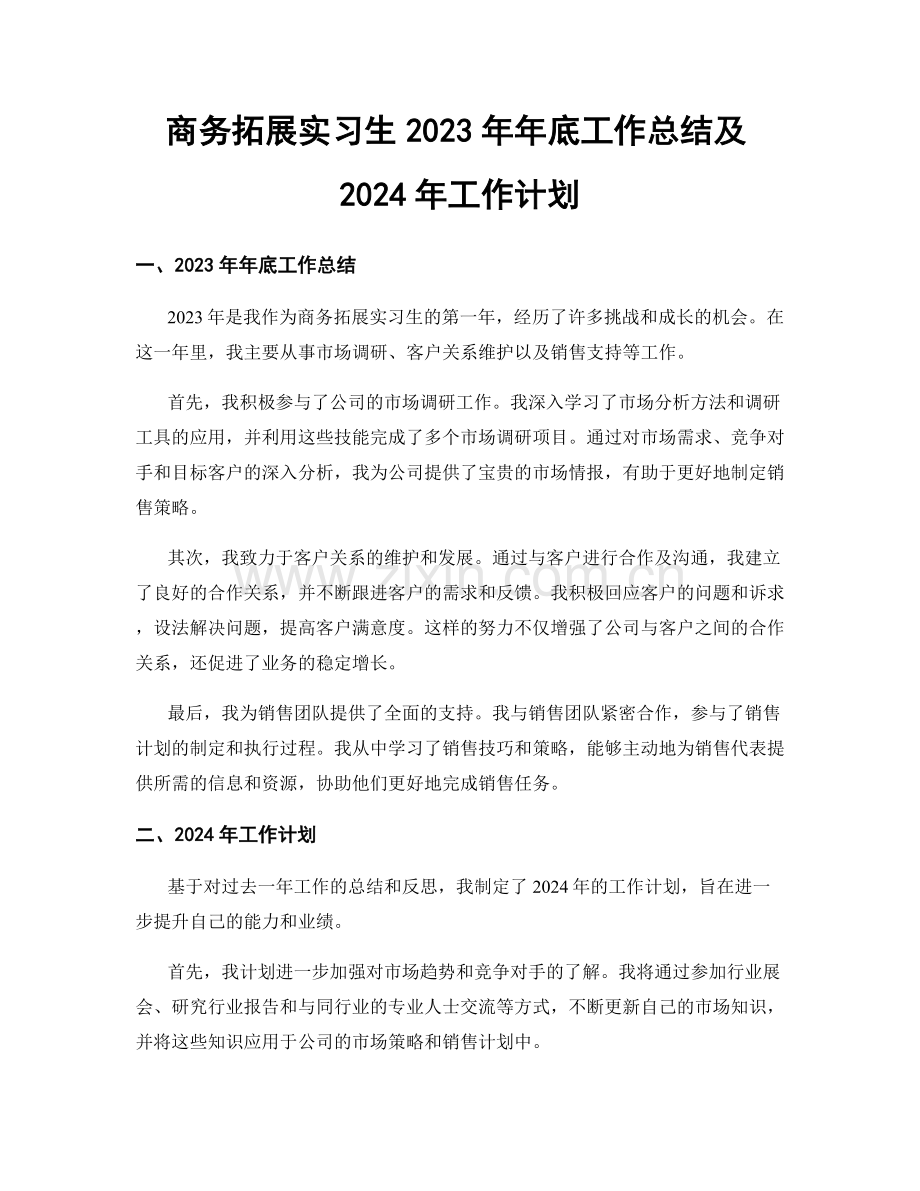 商务拓展实习生2023年年底工作总结及2024年工作计划.docx_第1页