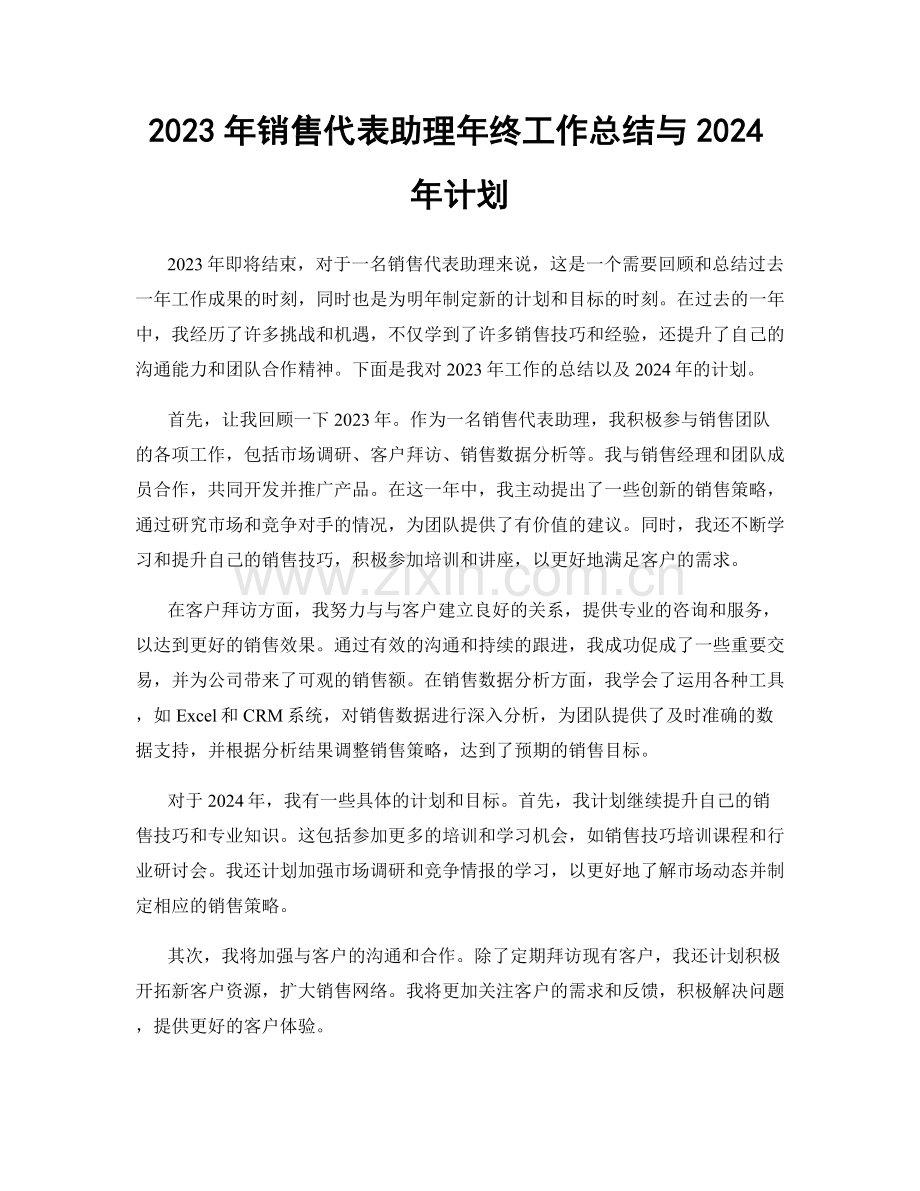 2023年销售代表助理年终工作总结与2024年计划.docx_第1页